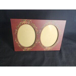 Hand-painted Double Oval Wooden Picture Frame Marroon El Salvador Floral Border